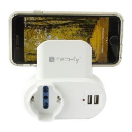 Adattatore Presa bipasso/Schuko 2 USB 1A con porta telefono