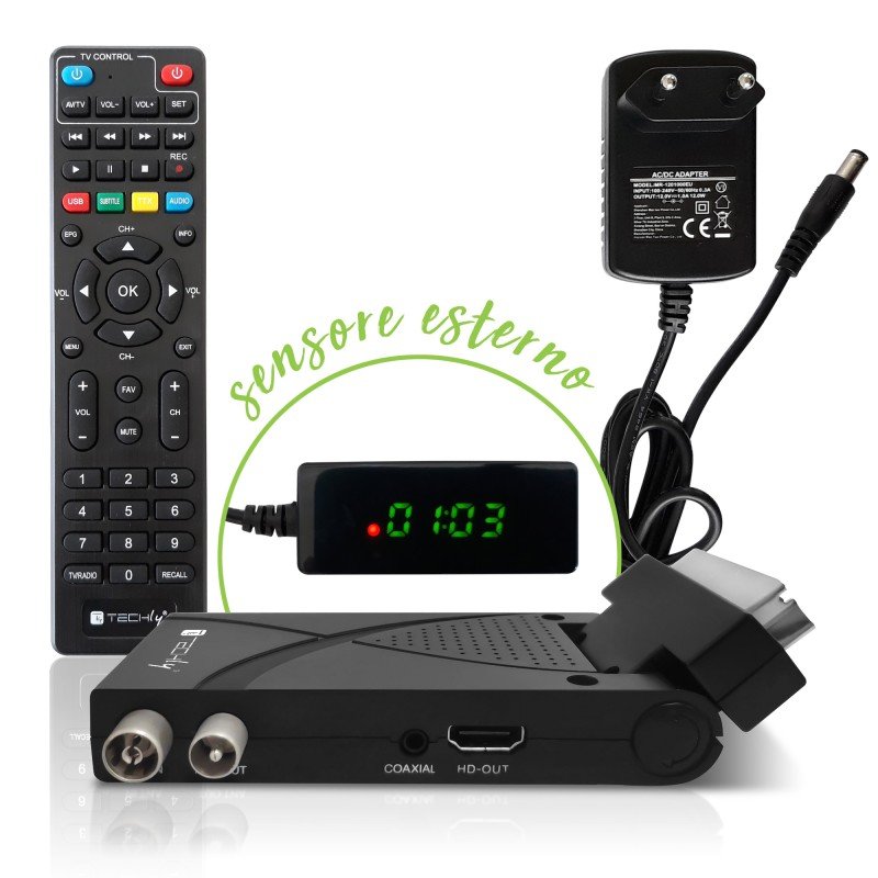 Decoder Ricevitore Digitale Terrestre DVB-T/T2 H.265 HEVC 10bit USB HDMI Scart 180° e Telecomando Universale 2 in 1