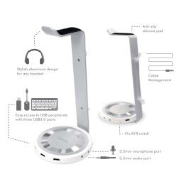 Stand in Alluminio per Cuffie con 3 porte USB3.0 e Audio
